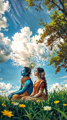 two women are sitting in the grass with their faces painted like avatars and trees