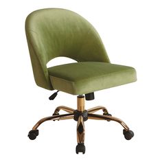 a green office chair with wheels and casteors on an isolated white background in the studio