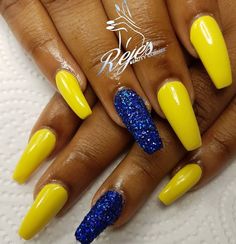 @Nailsby_Reje |@DaDollhouse Blue And Yellow Nails Acrylic, Yellow And Blue Nails Designs, Blue And Yellow Nails Designs, Yellow Blue Nails, Red And Yellow Nails, Blue Yellow Nails, Yellow And Blue Nails, Blue And Yellow Nails