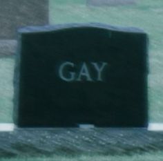 a black tombstone with the word gay written on it in front of some gravestones