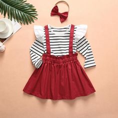 3-piece Ruffle Striped Tops & Strap Dresses & Headband for Toddler Girl - PrettyKid Striped Tops, Girls Holiday Dresses, Strap Dresses, Suspender Skirt, Star Dress, Tutu Dress, Girls Long Sleeve, Three Piece, Tulle Dress