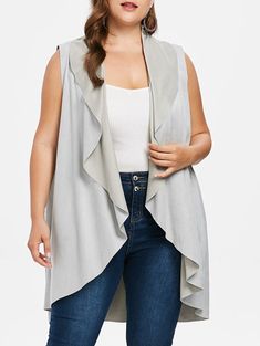 Plus Size Asymmetric Dip Hem Vest - Light Gray - 3A88338110 - Original Design-Women's Clothing  #OriginalDesignWomensClothing #Original #DesignWomen's #Clothing Faux Suede Vest, Woman Vest, Long Vest, Plus Size Outerwear, Slim Fit Top, Long Vests, Trendy Plus Size Clothing, Fashion Seasons, Trendy Plus Size