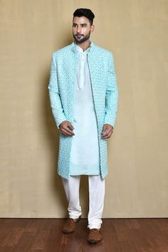 Sky blue jacket style sherwani with mirror embroidery. Comes with sky blue kurta and white churidar. - Aza Fashions Blue Bandhgala With Mirror Work For Wedding, Wedding Blue Bandhgala With Mirror Work, Blue Sherwani With Mirror Work For Festivals, Blue Bandhgala With Mirror Work For Festive Occasions, Blue Sherwani With Mirror Work For Eid, Blue Chikankari Embroidered Nehru Jacket For Reception, Designer Blue Sherwani With Dabka Work, Blue Sherwani With Mirror Work In Traditional Drape, Blue Sherwani With Mirror Work