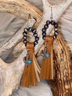 Leather Fringe Cactus - CountryFide Custom Accessories and Outdoors Southwestern Brown Fringe Jewelry, Southwestern Tassel Earrings, Acrylic Nails Almond Shape, Cactus Earrings, Almond Acrylic Nails, Horse Bits, Recycled Jewelry, Sterling Silver Hoop Earrings, Leather Fringe