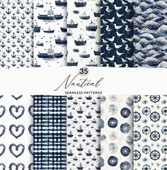 an assortment of navy blue and white patterns with hearts, waves, boats, ships