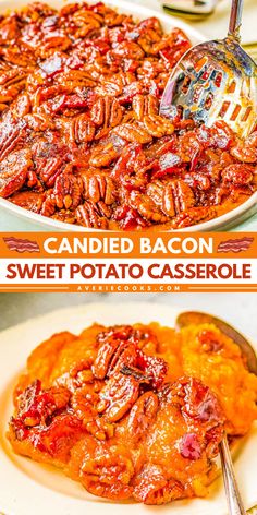 It doesn't get any better than this sweet potato casserole with candied bacon and pecans! Creamy with contrasting textures and flavors, this savory sweet potato bake is a perfect Thanksgiving dinner recipe. Serve it as an easy Christmas side dish, too! Savory Sweet Potato Casserole, Bacon Potato Casserole, Sweet Potato Casserole With Marshmallows, Savory Sweet Potato, Twice Baked Sweet Potatoes, Thanksgiving Dinner Menu, Candied Bacon, Thanksgiving Side, Vegetable Side