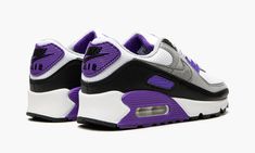 The Women’s Nike Air Max 90 “Hyper Grape” is a colorway of the model's 2020 “Recraft” version that features an accurate-to-the-original shape and upgraded materials. Beloved by all walks of life for its superior comfort and timeless style, the Air Max 90 is one of Nike's brand’s most essential models. Here, the special “Hyper Grape” colorway features a white mesh toe and ankle collar. Particle Grey leather overlays on the toe and mid-panel are contrasted by a black leather mudguard and slightly Celebrity Divorce, Nike Tenis, Nike Air Max 90s, Air Max 90s, Futuristic Shoes, Nike Fashion Shoes, Nike Air Shoes, Nike Shoes Air Max, Jordan 2