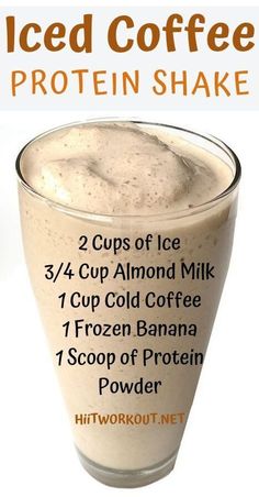 iced coffee protein shake recipe in a glass with information about the ingredients and how to use it