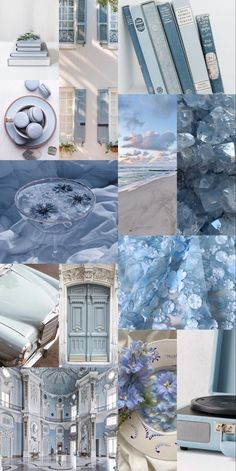 a collage of blue and white images with books, flowers, vases, and other items