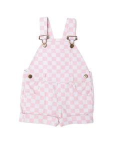 Dotty Dungarees Unisex Checkerboard Overall Shorts - Baby, Little Kid, Big Kid Dungarees Outfits, Kids Dungarees, Pink Checkerboard, Fair Outfit, Climbing Trees, Climb Trees, Adventure Outfit, Brass Buttons, Pink Sale