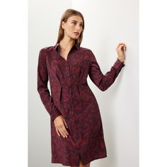 Red floral crepe de chine (100% Polyester). Shirt dress. Long sleeves. Collar. Front button closure. Imported. Elegant Red Printed Midi Dress, Fitted Viscose Shirt Dress For Fall, Printed Shirt Dress For Workwear, Formal Collared Floral Print Dress, Formal Collared Dress With Floral Print, Fall Viscose Collared Shirt Dress, Fall Collared Shirt Dress In Viscose, Fall Collared Viscose Shirt Dress, Elegant Floral Print Shirt Dress For Work