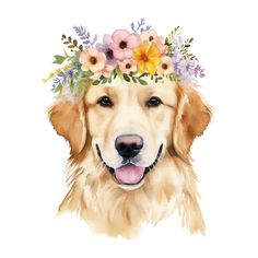 a watercolor painting of a dog wearing a flower crown