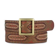 The geometric designs on this studded leather belt are sure to add glam to your boho style. With a beautiful mix of bronze, gold, & dark metal studs – this design is a showstopper at every level. Your T-shirt & jeans never looked better than they do with this studded beauty slipped around your waist. PRODUCT DETAILS · 1.5" width · Premium leather · Handmade with love Leather Belt Buckle, Womens Leather Belt, Handmade Leather Belt, Dark Metal, Beautiful Belts, Studded Belt, Bronze Gold, Vintage Belts, Studded Leather