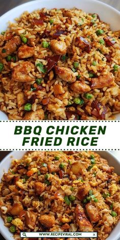 chicken fried rice in a white bowl with green onions and bacon on top, and the words bbq chicken fried rice above it