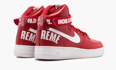 In 2014 New York's Supreme and Nike Sportswear combined forces again for another one of their epic and super-hyped collabs.  This time it was the Air Force 1 High that got special treatment from the streetwear powerhouse, in three "World Famous" colorways including this one in vibrant red leather with white accents.  Of course they sold out instantly, and of course they're now highly coveted by sneaker collectors and Supreme fiends around the world. Nike Air Force 1 High, Air Force 1 High, Stadium Goods, Air Force Ones, Latest Sneakers, Sneakers Men Fashion, Red Shoes, Nike Air Force 1, Nike Jordan