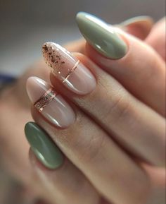 Green And Gold Simple Nails, Nude Green Nails, Green And Gold Nails Acrylic, Sage Green And Gold Nails, Sage Green Nail Designs, Sage Nails, Sage Green Nails, Gold Gel Nails, Elegant Touch Nails