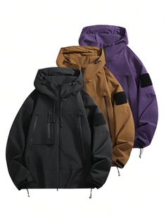 Unisex Outdoor Windbreaker Jacket, Waterproof Hooded Casual Jacket Black   Long Sleeve Woven Fabric Colorblock,Plain Cargo Non-Stretch  Men Outdoor Apparel, size features are:Bust: ,Length: ,Sleeve Length: Sport Jacket Men, Mens Raincoat, Casual Athletic, Outdoor Men, Warm Jacket, Waterproof Jacket, Outdoor Apparel, Shell Jacket, Hooded Coat