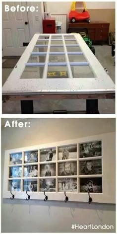 the before and after shots of an old window with pictures hanging on it's sides