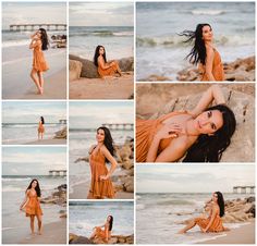 a woman in an orange dress poses on the beach