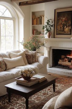 a living room filled with furniture and a fire place in front of a large window