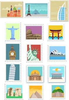 postage stamps with the images of famous places on them, including the statue of liberty