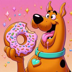 a cartoon dog holding a donut with sprinkles