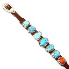 "This Navajo bracelet, created by Danny Martinez, features a variety of seven indivdual stones or shells and a sterling silver buckle fastened to a brown leather band. Each stone differs in size, for reference the center stone & setting is 7/8"" x 5/8"", and is set in sterling silver. Each bracelet is distinctive since the stone and shell characteristics can vary from one bracelet to the next. Due to the adjustable buckle, this bracelet can fit a wrist up to 9"" in circumference depending on you Navajo Bracelet, Stone Setting, Stone Settings, Leather Band, Leather Bracelet, Brown Leather, Shells, Multi Color, Buckle