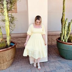 Yellow 100% Cotton Dress With Smocked Top From Bibi Spring Daytime Dress With Smocked Bodice, Flowy Smocked Dress For Day Out, Smocked Dress For Brunch, Yellow Smocked Dress For Day Out, Spring Smocked Knee-length Dress For Day Out, Knee-length Smocked Dress For Spring Day Out, Yellow Smock Dress For Brunch, Spring Smock Midi Dress For Day Out, Blue Cottagecore Dress