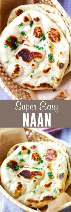 homemade naan bread is served in a wooden bowl and placed on a plate for serving