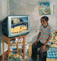 a painting of a man sitting in front of a television set with a tennis game on it