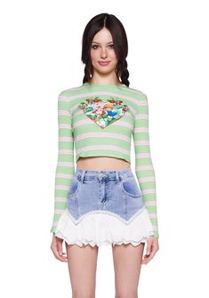 base Long Sleeve Ribbed Cotton Crop Top, Cute Long Sleeve Ribbed Tops, Striped Crop Top For Spring, Spring Striped Crop Top, Ribbed Cotton Crop Top For Spring, Spring Cotton Ribbed Crop Top, Spring Ribbed Cotton Crop Top, Green Crew Neck Crop Top For Spring, Casual Long Sleeve Crop Top For Spring