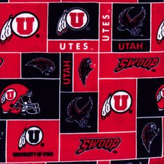 the university of utah football team squares on red and black fleey fabric is shown