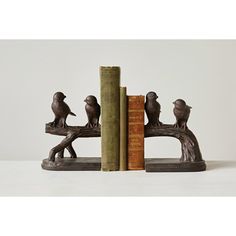 three birds sitting on a tree branch bookends next to an old bookshelf