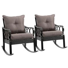 pair of outdoor rocking chairs with cushions in grey and black finish, set of 2