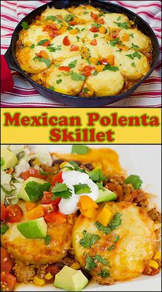 mexican paellana skillet is shown in two different pictures, one with meat and the other with vegetables