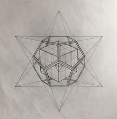 a black and white drawing of a geometrical object with lines in the shape of hexagonal cubes