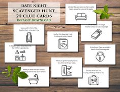 the date night scavenger hunt cards are shown with instructions for each card, which includes