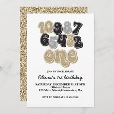 a white and gold birthday party card with numbers