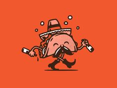 an illustration of a taco running with a mustache and a hat on his head