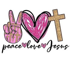 the word love is written in pink, gold and black with a peace sign next to it