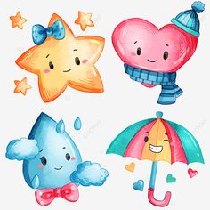 three cartoon umbrellas with cute faces and stars on them, one is holding an umbrella