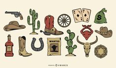 an image of cowboy related items in the style of hand drawn illustration on white paper