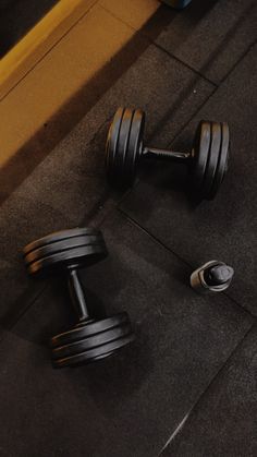 two dumbbells laying on the ground next to a door