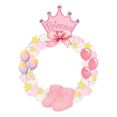 a pink princess wreath with balloons, stars and a crown on the top that says princess