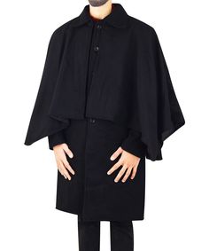 "Men's Black Inverness Cape, Black Wool Men's Long Sleeves Christmas Coat Black Inverness Cape is what to wear when strolling cobblestone streets by the light of the gas lamps - surefire, streetwise credibility. Ideal for your favorite Sherlock or Jack the Ripper impression, but will also shine as a stylish dress cloak. Falling below the knees, this full-length, black satin-lined cloak features a generous cut and over-cape construction with fabric-covered buttons from the neck to waist. Inner cloak has generously sized arm holes to allow freedom of movement and access to two slant pockets. This cotton cloak with black satin lining falls well below knees at approximately 52\", the attached cowl measures 27\" in length, and the armholes are 14\". Four fabric-covered buttons fasten the front. Inverness Cape, Gas Lamps, Christmas Coat, Jack The Ripper, Cobblestone Streets, Christmas Outfits, Fabric Covered Button, Inverness, Coat Black