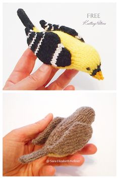 two pictures of a small stuffed bird in the palm of someone's hand, one is yellow and the other is black