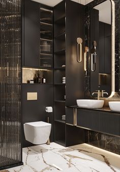 a bathroom with black walls and marble flooring