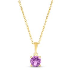 This beautiful necklace features a vibrant round amethyst, perfect for celebrating a February birthday. As many as seven additional pendants can be added to the necklace to represent the ones you love. Styled in 10K yellow gold, the birthstone pendant sways from an 18-inch cable chain that secures with a spring-ring clasp. Fine Jewelry Purple Round Pendant Necklace, Purple Round Pendant Necklace In Fine Jewelry Style, Purple Necklace With Prong Setting As A Gift, Purple Necklace With Prong Setting, Gift, Yellow Gold Amethyst Round Pendant Necklace, Classic Amethyst Necklace For Gift, Purple Round Pendant Necklace For Anniversary, Yellow Gold Birthstone Necklace With Amethyst, Purple Round Necklace With Prong Setting