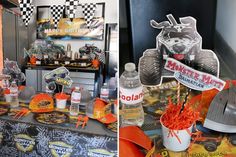 two pictures of an orange and black birthday party with monster trucks on the table top