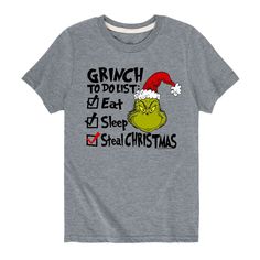 He'll love his look while wearing this boys' The Grinch Who Stole Christmas graphic tee. He'll love his look while wearing this boys' The Grinch Who Stole Christmas graphic tee.  Crewneck Short sleevesFABRIC & CARE Cotton, polyester Machine wash Imported Size: Large. Color: Grey. Gender: male. Age Group: kids. Material: Cotton Blend. Grinch To Do List, Jack Skellington Santa, The Grinch Who Stole Christmas, Dr Seuss Grinch, Grinch Who Stole Christmas, Winter Wonderland Christmas, Christmas Graphic, Attitude Of Gratitude, Latest T Shirt